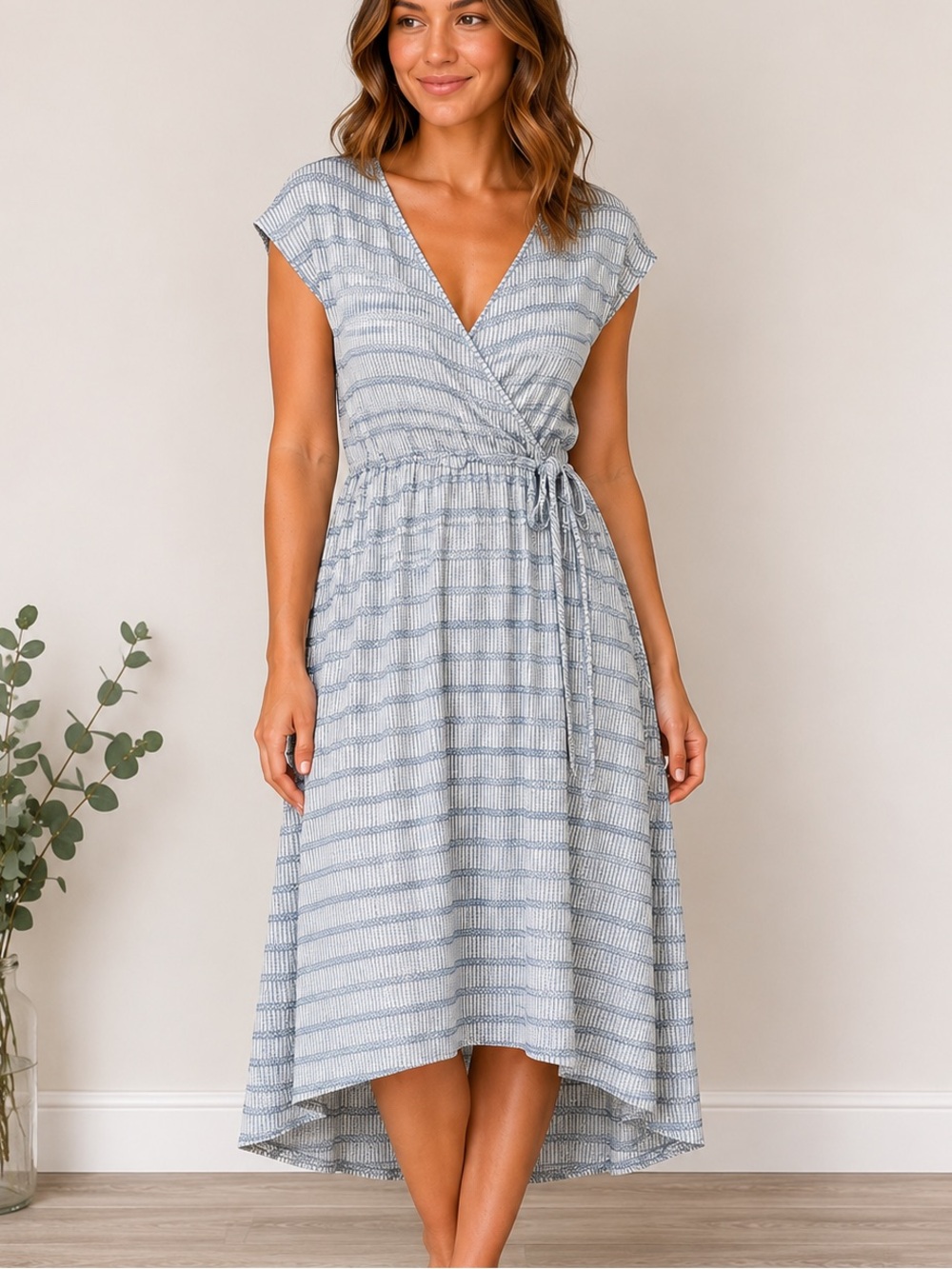 Caution To The Wind Blue & White Striped Faux Wrap Midi Dress